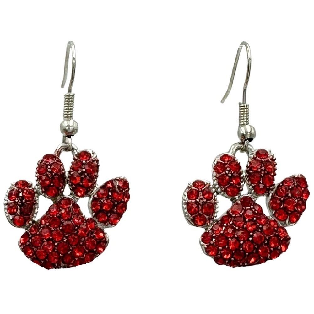 Red Rhinestone Paw Print Dangle Earrings